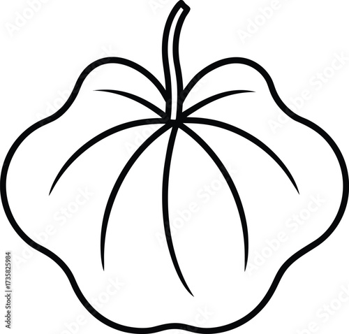 Simple black and white outline drawing of a stylized pumpkin or squash with stem