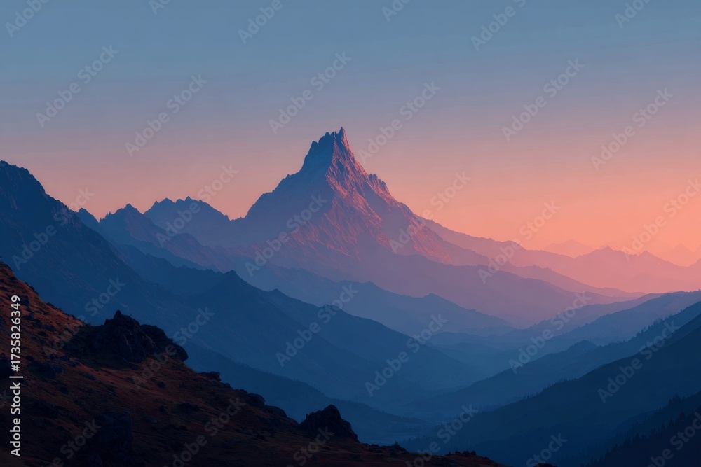 Obraz premium Layers of mountain peaks and valleys fading into a warm sunset sky