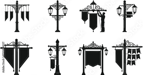 Vector illustration of vintage street lamps with decorative banners, ornate lantern posts, worker adjusting signage, elegant outdoor lighting, artistic city design.