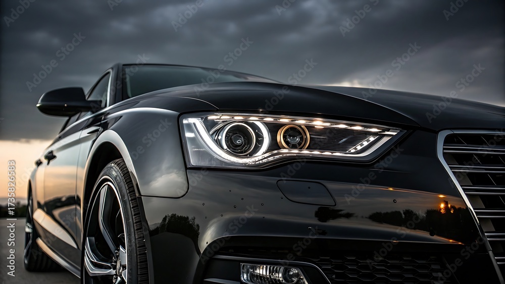 Fototapeta premium Black car with glowing LED headlights in dramatic lighting.