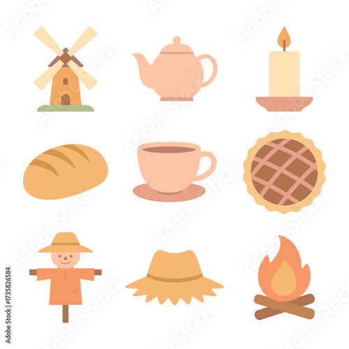 Set of cozy autumn vector icons: windmill, teapot, candle, bread, cup, pie, scarecrow, hat, and campfire. Perfect for fall designs, seasonal decorations, or festive illustrations.