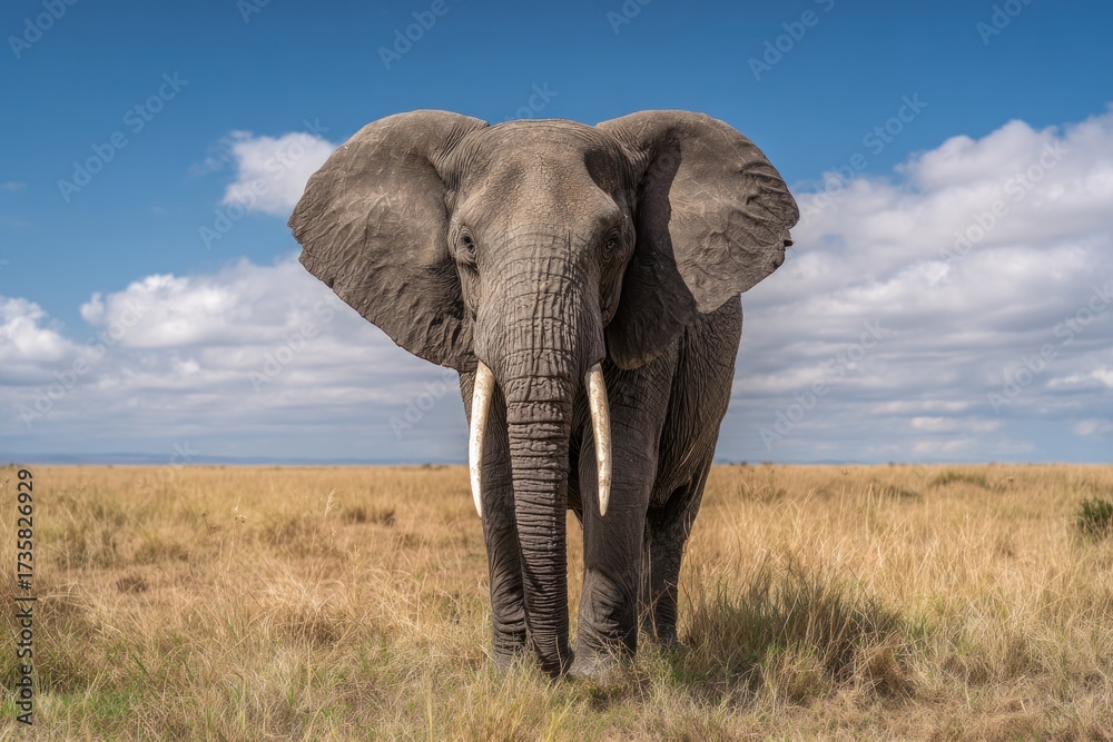 Obraz premium Majestic African Elephant Stands Tall in Golden Savannah Under Blue Sky.