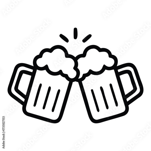 Two frothy beer mugs clinking together celebration toasting cheers beverage icon vector