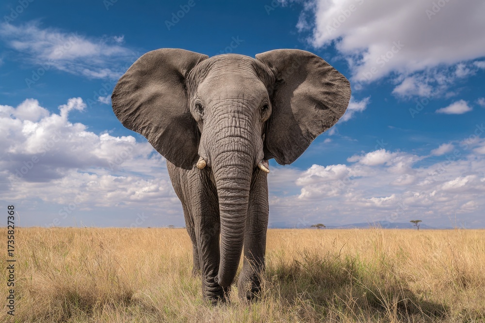 Fototapeta premium Majestic African Elephant Stands Tall in the Savannah Under a Blue Sky with Clouds.