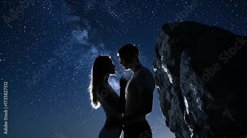 Romantic Silhouette Couple Under Starry Night Sky Intimate Cosmic Connection Dreamy Love Amidst Milky Way Stars Captivating Emotional Moment