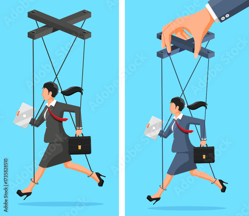 Two businesswomen controlled by puppet strings. Woman manipulated by manager. Concept of control, manipulation and oppression at job.