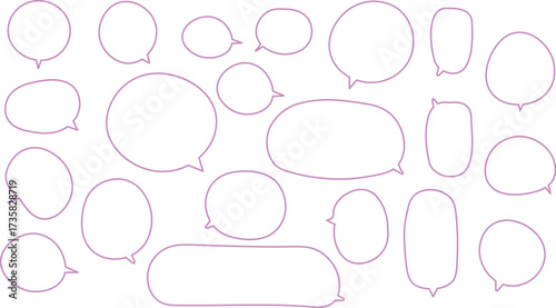 The bubbles are drawn in a hand-drawn or casual vector style, showcasing a wide variety of shapes and sizes. Pink color.
