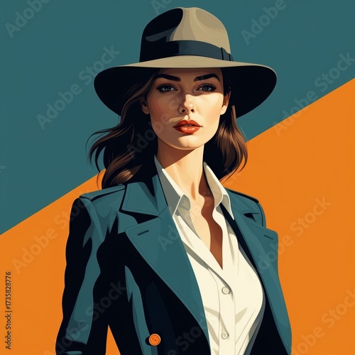 Confident woman wearing hat and blazer against colorful background  