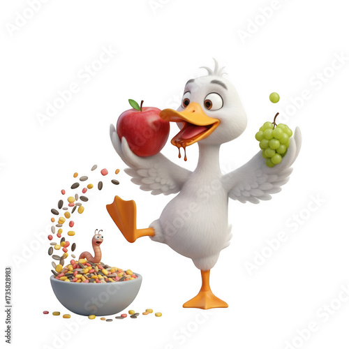 Whimsical duck juggling fruits and seeds in a delightful animated presentation