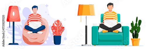 Man working remotely with laptop. Remote worker freelancer or student. Home office work, online education, study, internet surfing concept.