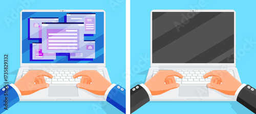 Two men working on laptop computer. Hands typing on blank screen and open application windows. Online activity and digital technology concept.