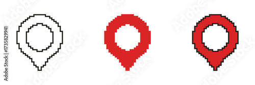 Circular Navigation Pin Pixelated Icon Set. Pixel Art Symbol Collection of Rounded GPS Marker Location Tag. Isolated Vector Illustration