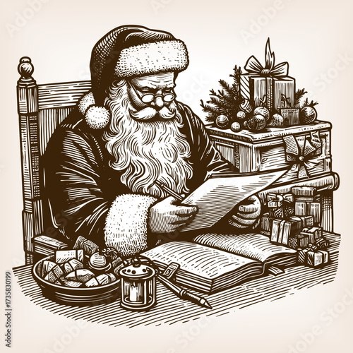 Santa Claus with sack of toys and presents, reading Christmas list, tradition and holiday spirit sketch engraving generative ai fictional character vector illustration. Scratch board. Black and white.