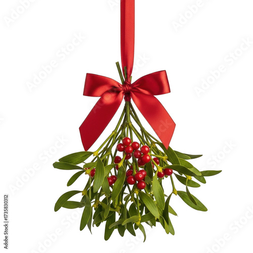 Traditional christmas mistletoe with red ribbon festive holiday decoration for romantic kisses isolated on transparent background