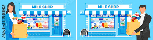 Woman and man with paper bag buying dairy product from milk shop. Daily goods storefront. Fresh groceries store building for consumerism.