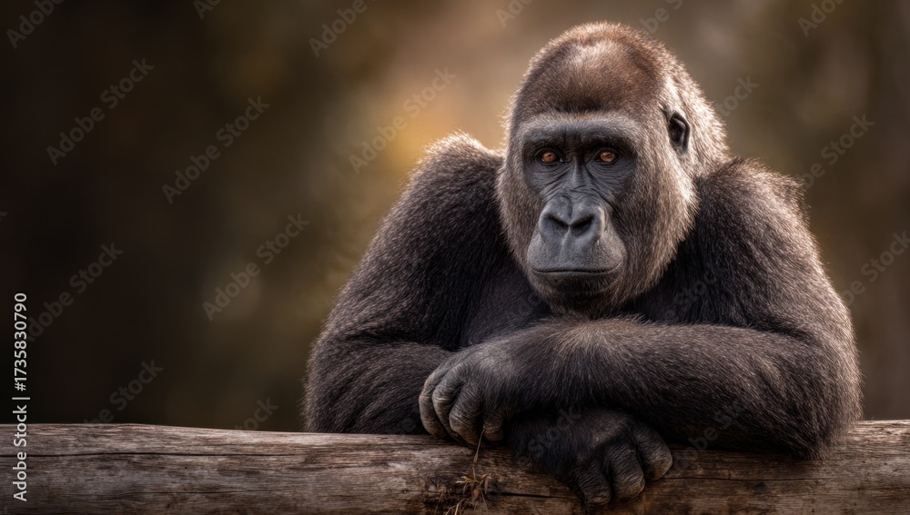 Obraz premium Majestic Gorilla Portrait - Close-up of a Powerful Primate Resting on a Log in a Natural Habitat.
