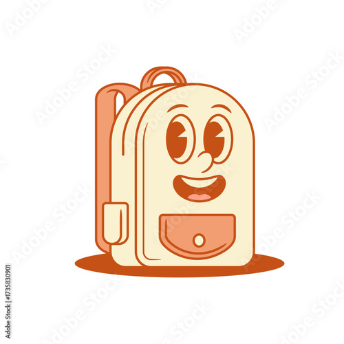Cute funky schoolbag back to school cartoon character smile isometric vector illustration. Cheerful happy smiling backpack bag pupil education studying minimalist mascot with positive emotion