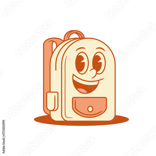 Comic laughing schoolbag back to school cartoon character isometric vector illustration. Happy smiling friendly positive backpack bag pupil studying learning education minimalist mascot personage