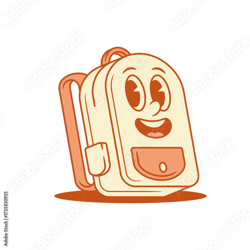 Funny comic schoolbag back to school cartoon character smiling isometric vector illustration. Happy adorable cute backpack bag pupil studying education minimalist mascot friendly cheerful smile