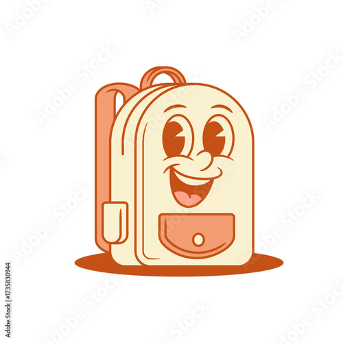 Smiling cute schoolbag back to school cartoon character isometric vector illustration. Happy adorable friendly backpack bag pupil education studying knowledge minimalist mascot with positive emotion