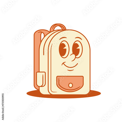 Happy cute schoolbag back to school cartoon character smile isometric vector illustration. Smiling cheerful adorable backpack bag pupil studying education minimalist mascot friendly positive emotion