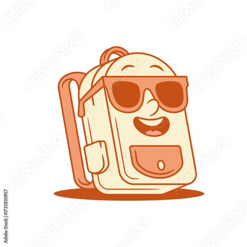 Cool smiling schoolbag back to school cartoon character isometric vector illustration. Happy funky backpack bag pupil studying education minimalist mascot in summer eyeglasses smile positive emotion