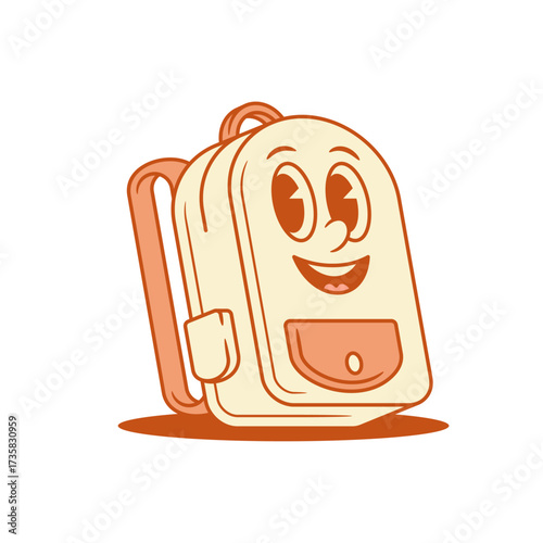 Funky smile schoolbag back to school cartoon character isometric vector illustration. Cheerful adorable cute backpack bag happy pupil education studying minimalist mascot smiling with positive emotion