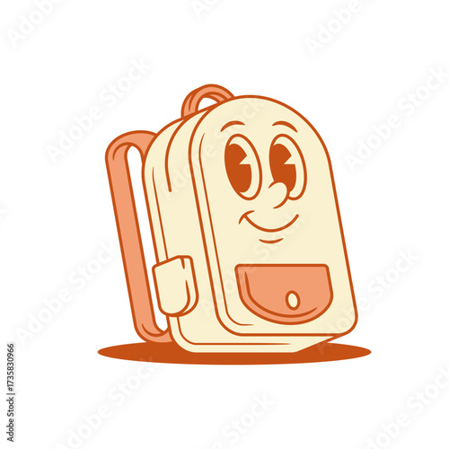Positive cute schoolbag back to school cartoon character smile isometric vector illustration. Happy friendly backpack bag pupil education studying minimalist mascot cheerful smiling having fun