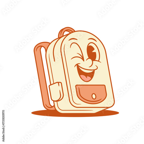 Comic schoolbag back to school cartoon character winked isometric vector illustration. Smiling cheerful backpack bag funny pupil education minimalist mascot playful adorable positive emotion