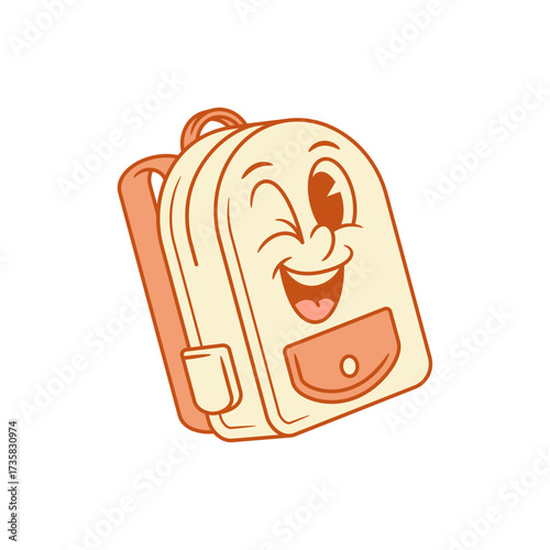 Joyful winked schoolbag back to school cartoon character isometric vector illustration. Smiling playful happy backpack bag pupil studying education minimalist mascot rejoice fun positive emotion