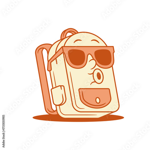 Comic schoolbag back to school cartoon character in sunglasses isometric vector illustration. Funky cute cheerful backpack bag pupil studying education minimalist mascot whistling in summer eyeglasses