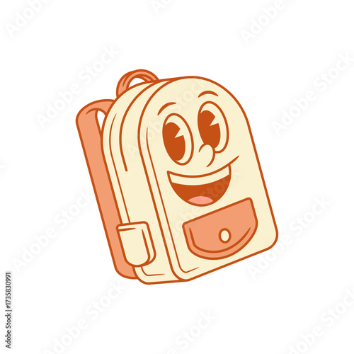 Comic smiling schoolbag back to school cartoon character isometric vector illustration. Happy cheerful cute backpack bag pupil studying education college minimalist mascot smile with positive emotion