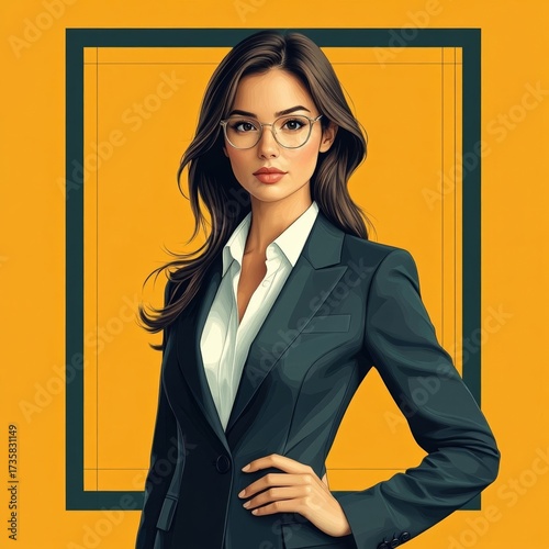 Confident businesswoman in formal suit posing against yellow background  