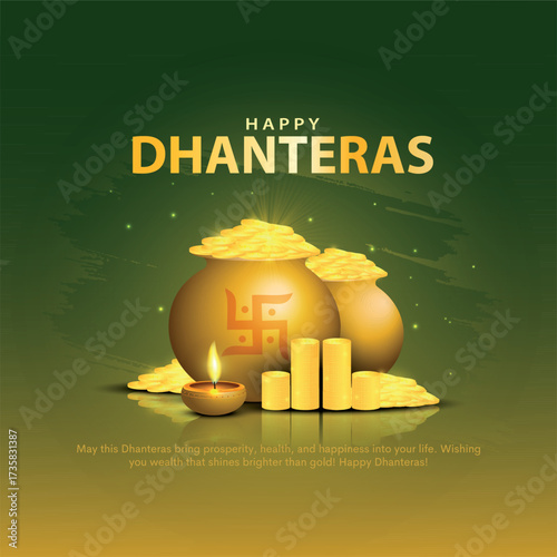 Happy Dhanteras poster template design with gold coin in pot and decorative diya lamp. Indian festival Dhanteras creative vector design.