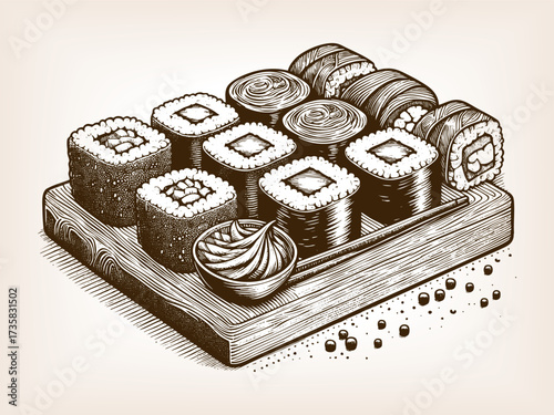 assorted sushi rolls served on a wooden board with wasabi, showcasing Japanese cuisine in a retro artistic style sketch engraving generative ai vector illustration. Scratch board. Black and white.