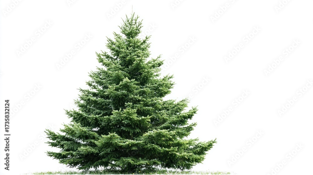 Fototapeta premium A lush green Christmas tree stands unadorned, showcasing its natural beauty against a plain white backdrop. This scene depicts a peaceful and serene moment