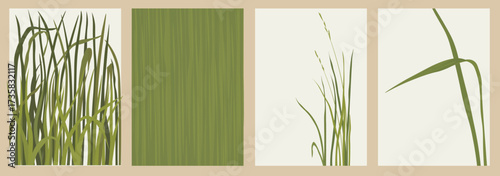 set of grass posters in close-up. Juicy greens, wheat sprouts. Vector stock illustration. Granular structure.