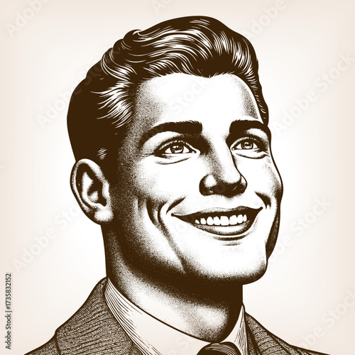 cheerful man in a suit smiling brightly, optimism, retro advertising, and classic style sketch engraving generative ai fictional character vector illustration. Scratch board. Black and white image.