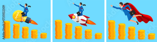 Woman achieves business success flying on bright idea, rocket, and with superpower above coin stack. Startup growth.