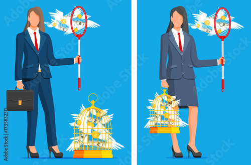 Woman tries to catch flying money with net, while another woman carries a cage of trapped money. Financial control and earning concept.