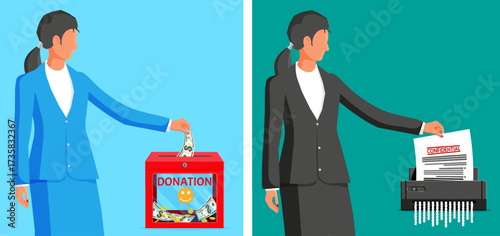 Woman donating money in a box and woman shredding confidential paper. Charity, data destruction and privacy concept.