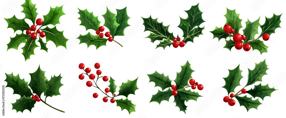 Fototapeta premium christmas holly leaves and berries set, isolated on a transparent background.