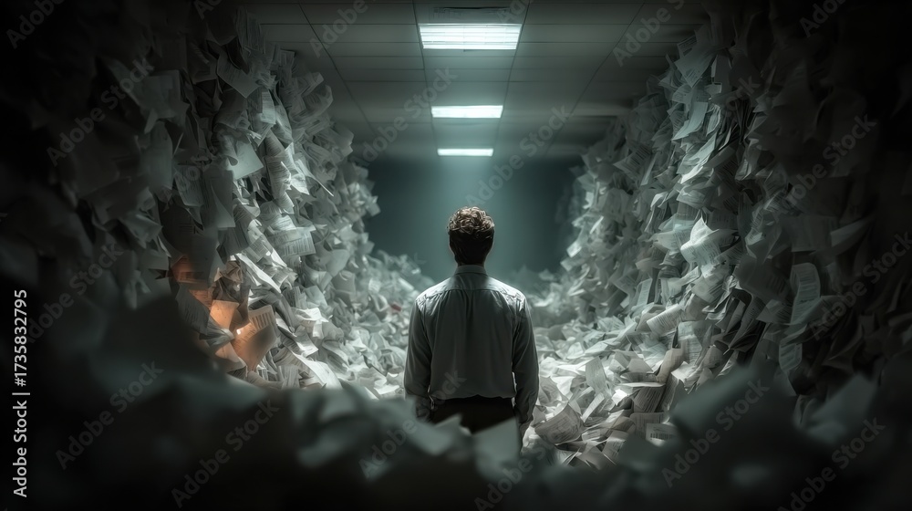 Fototapeta premium Overwhelmed Worker Surrounded by Towering Walls of Blank Papers in Office