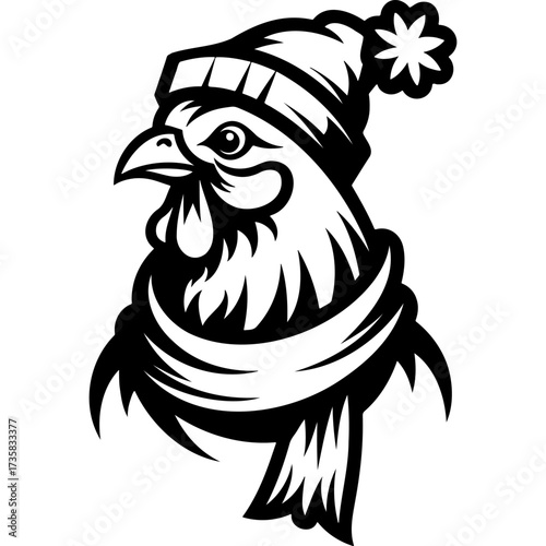 Portrait of cockerel dressed in warm scarf and hat, winter clothes. Engraving minimalistic vector in black ink drawing on transparent background
