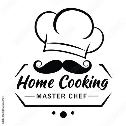 Whimsical black and white logo design featuring a chef hat and mustache with the text home cooking master chef