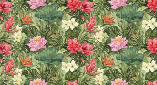 Watercolor Tropical Floral Pattern with Lotus, Plumeria, and Leaves.