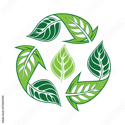 Hand drawn artistic green leaf recycling symbol representing environmental protection sustainability and ecological conservation with a natural organic feel