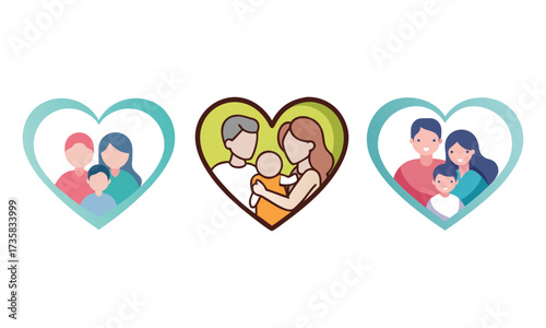 Three stylized heart shaped frames each containing a loving family portrait with parents and children depicted in a warm and affectionate style