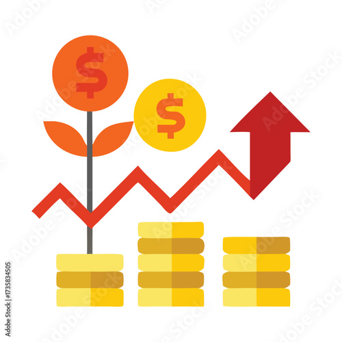 Financial growth and investment success illustrated by a rising arrow chart with stacks of gold coins and money tree symbolizing profit and wealth accumulation