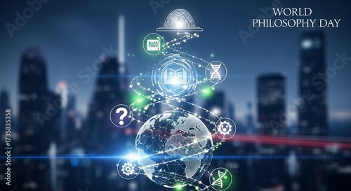 World Philosophy Day illustration featuring a globe with interconnected icons representing knowledge, technology, and philosophical concepts against a blurred cityscape background.
